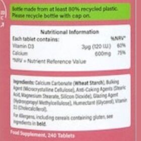 Holland & Barrett's Calcium and Vitamin D3 Tablets supplement facts