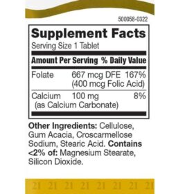 21st Century Folic Acid 400 mcg Tablets supplement facts
